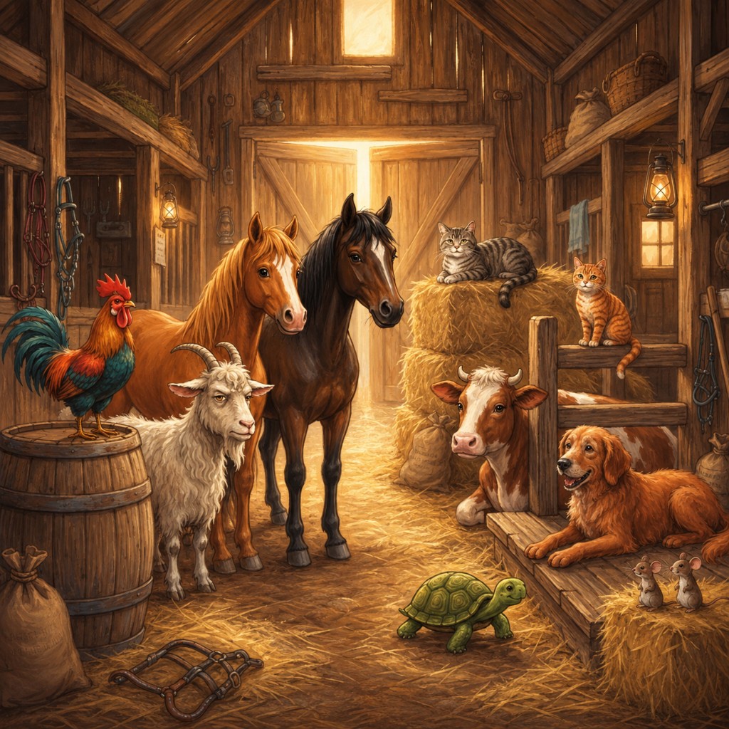 The full Potz & Panz barn crew together — horses, a goat, a rooster, cats, a cow, a dog, a turtle, and two mice inside the barn
